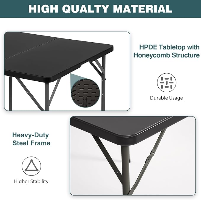 FDW 34" Square Outdoor Dining Table, Foldable Portable Plastic Folding Card Table with Built in Carrying Handle and Height Adjustable for Party and Wedding Use, Black