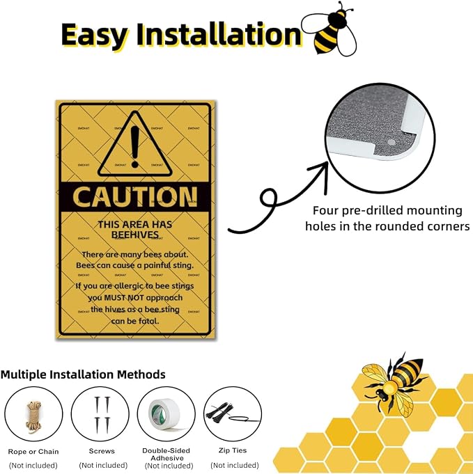 EMOHAT Caution No Trespassing Honeybees Metal Tin Sign, Honeybees at Work Warning Sign for Garden Farm Orchard, 16x12 Inch Rustic Novelty Decor for Garage Home Outdoor