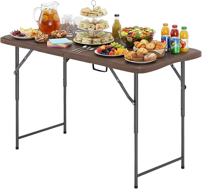 PayLessHere | 4FT Folding Table | Portable Plastic Table with Carry Handle | Waterproof & Foldable Table Design | Steel Frame with Lock | Brown Ratten | for Events, Camping, Indoor & Outdoor Use