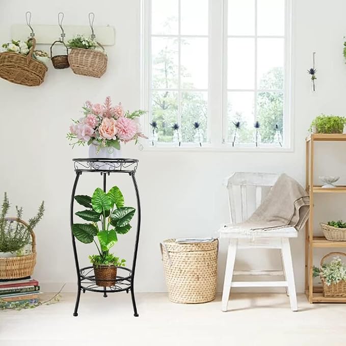 2 Pack 27.1" Tall Plant Stands Indoor Outdoor, 2-Tier Heavy Duty Metal Plant Stand with Rustproof Pot Holder Rack for Patio, Balcony, Garden, Living Room & Corner Decor – Black