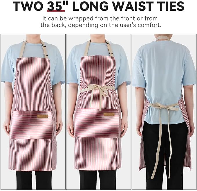 NLUS 2 Pack Kitchen Cooking Aprons, Adjustable Bib Soft Chef Apron with 2 Pockets for Men Women (Black Pinstripes/Pink Pinstripes)