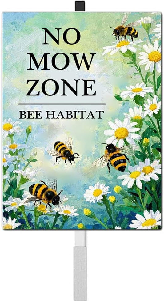 Pollinator Garden No Mow Zone Bee Habitat Yard Sign With Stakes Do Not Mow Save Bees Garden Stake Reflective Rustproof Aluminium No Mow May Signs Outdoor 8X12 IN