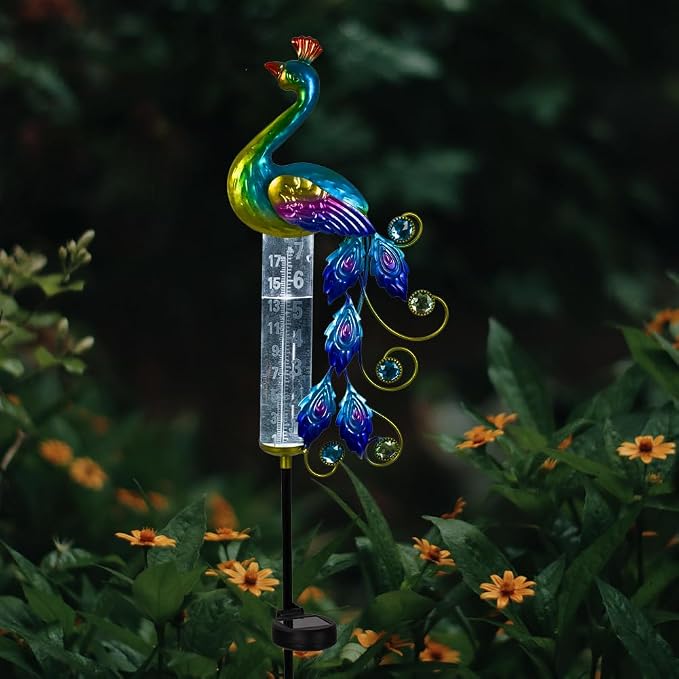 Peacock Rain Gauge Outdoor 36.6" Solar Powered Large Rain Gauges Freeze Proof Water Gauge with Metal Stakes Decorative for Garden,Lawns,Patio