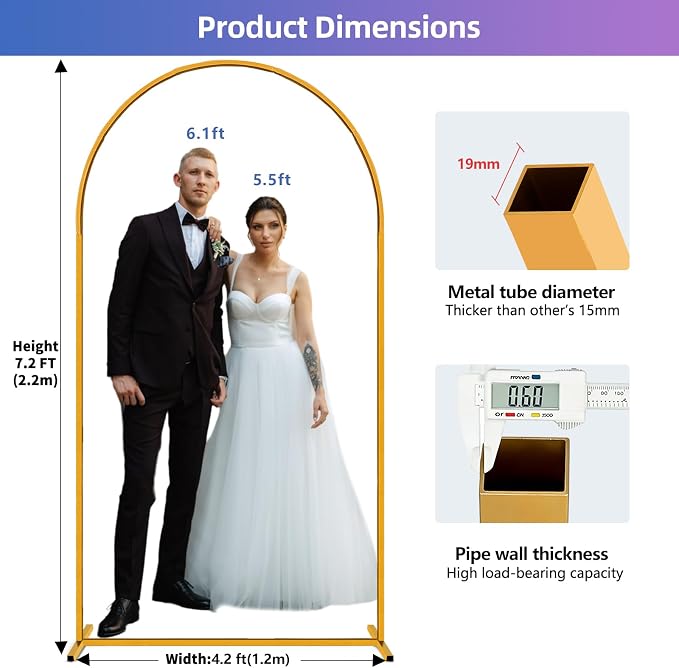 Hemmotop 7.2FT Arch Backdrop Stand for Party, Ceremony, Metal Arch Frame with Ground Stakes, Gold Photo Back Drop Stand for Bridal Shower, Birthday, Photo Booth, Garden Decoration, Baby Shower