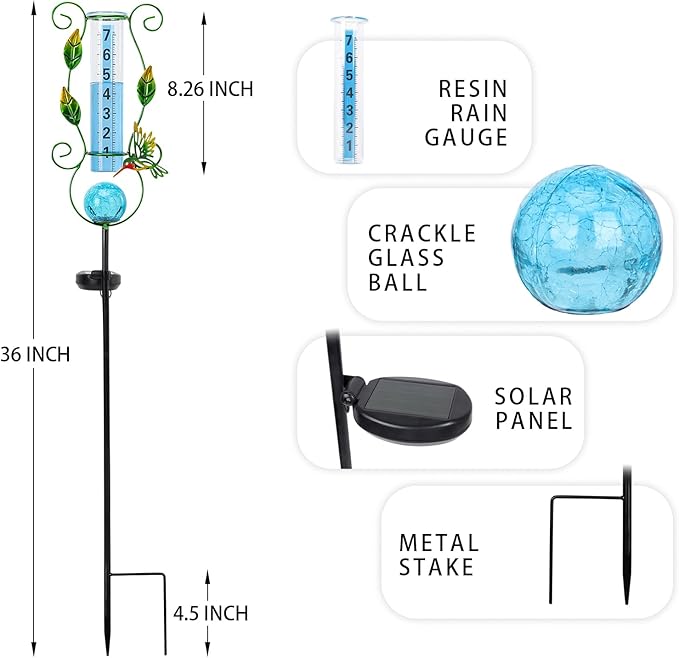 MUMTOP Rain Gauge Outdoor, 36 Inch Large Number Solar Lights Hummingbird Water Gauge for Lawn, Yard and Garden