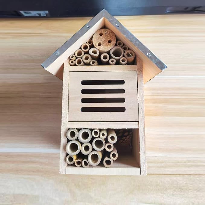 Bee House Hanging Insect Hotel, Natural Wooden Bee Hotel for Garden, Yard, or Balcony, Attracts Pollinators Like Bees, Butterflies and Ladybugs