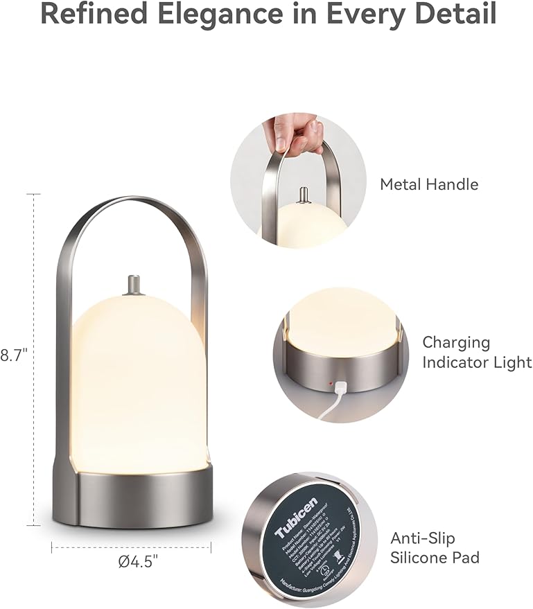 Tubicen Outdoor Table Lamp Portable Rechargeable Lamp Waterproof 4000mAh Battery Operated Lantern 4-Level Dimmable Cordless Touch Lamp for Bedroom Bathroom Patio Balcony Bar Camping Party, Nickel