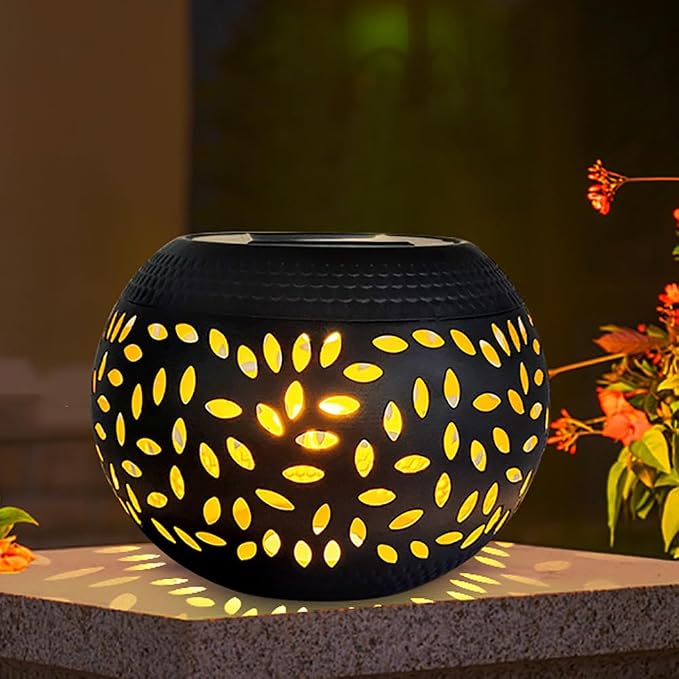 Mothers Day Gifts Solar Table Light Outdoor Waterproof- Solar Powered LED Lantern Hollowed-Out Black Metal Desktop Decorative Lamp for Indoor Desk Bedroom Patio Garden Pathway Yard