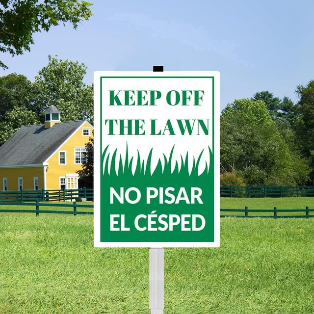 Keep Off The Lawn In English and Spanish Yard Sign With Stakes 8x12 inches Rustproof Reflective Aluminum Keep Off Grass Sign Stand for Home Garden Outdoor