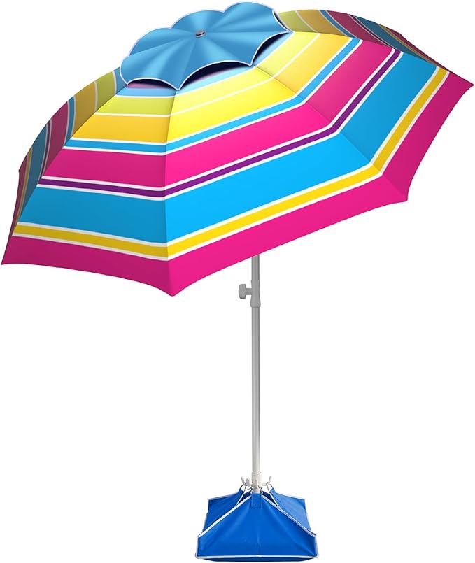 Fisqueen 8FT Large Beach Umbrella with Level 7 Wind Resistance Sand Anchor Sand Bag, Portable Outdoor Umbrella with UPF50+ UV Protection, Tilt Sun Shelter for Beach, Patio, Yard