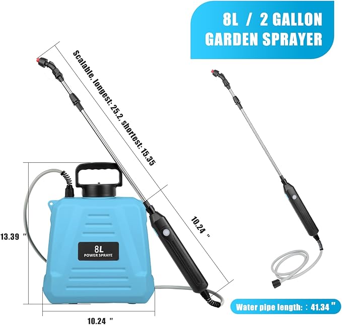 2 Gallon Battery Powered Sprayer - Upgraded Anti-Bend Hose Electric Garden Sprayer, Rechargeable Pump Sprayer with 3 Mist Nozzles, Retractable Wand, Adjustable Strap for Lawn, Plant Watering (Blue)