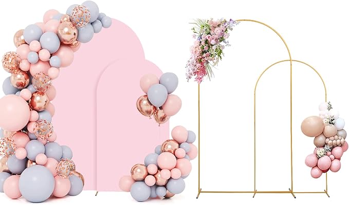 SuuWoee Metal Arch Backdrop Stand Set of 2 With Pink Cover (7.2FT+6FT) Gold Wedding Arch Stand Balloon Arched for Birthday Party Baby Shower Graduation Ceremony Decoration