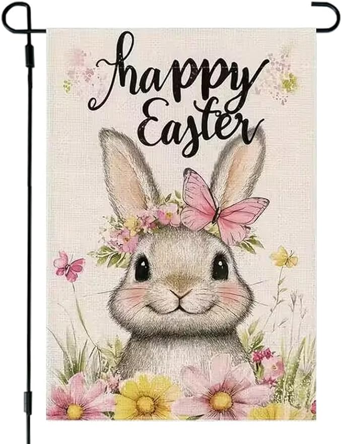 Easter Garden Flag 12x18 Double Sided, Small Burlap Holiday Farmhouse Bunny Garden Flags Easter Outdoor Decorations Yard Flag for Outside Lawn Porch Garden Decor