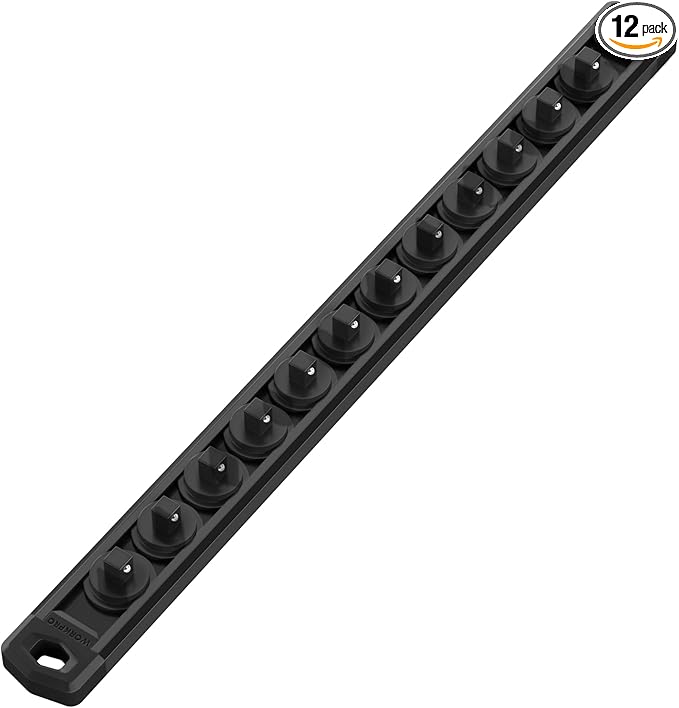 WORKPRO Magnetic Socket Organizer, 1/4-Inch Drive Aluminum Alloy Socket Rail, Heavy Duty Socket Holder, Socket Rack Kit 1/4-Inch x 12 Clips Black (Socket not Included)