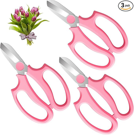 Housolution Flower Scissors, Strong Floral Shears,3PCS Premium Steel Garden Pruning Shears Floral Fruits Leaf Scissors Hand Pruner Snip Trimming Tool for Gardening Flower Arrangement, Pink