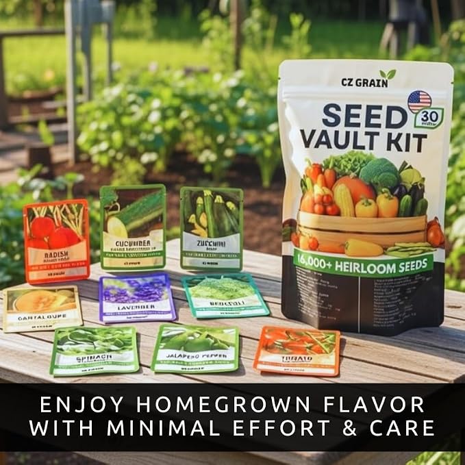 Seed Vault Kit – 30 Variety Heirloom Garden Seed Packets – 16,000+ Non-GMO Seeds for Planting – Survival Garden Starter Set – 30 Plant Markers Included
