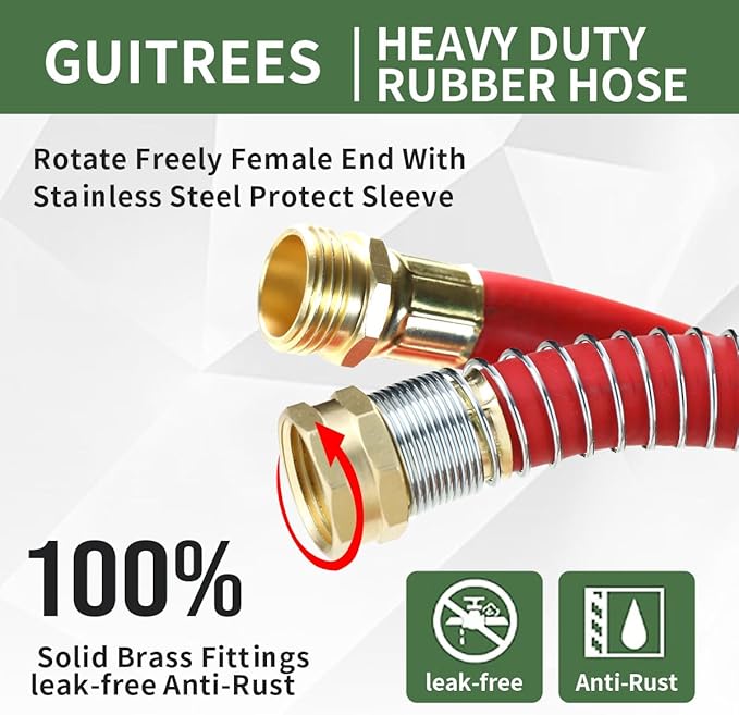 Guitrees 90FT 5/8 Heavy Duty Rubber Garden Hose - 300psi Working, 1000psi Burst - Hot/Cold Water - Five-Layered Braiding for Durability - Versatile for Gardening, Agriculture, Construction(Red)