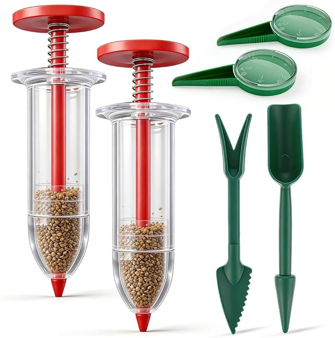 Mini Seed Spreader, 2026 New Seed Planter Tool Manual Seedlings Dibber and Widger Set, Sowing Seed Dispenser with 5 Speeds for Tiny Seeds (Red,6Pcs)
