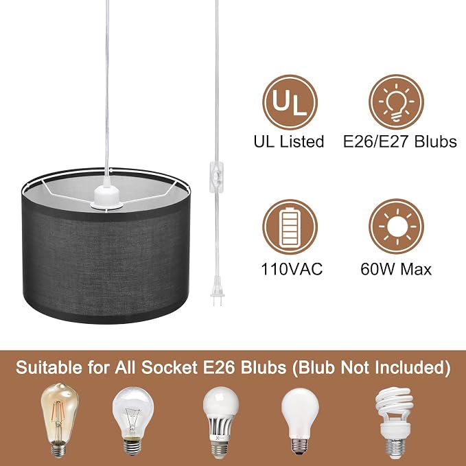 PATIKIL Plug in Pendant Light, 15Ft Rope Cord Hanging Lamp Fixture with ON/Off Switch, Fabric Shade E26/E27 Bulb Socket for Bedroom Kitchen Living Room, Black