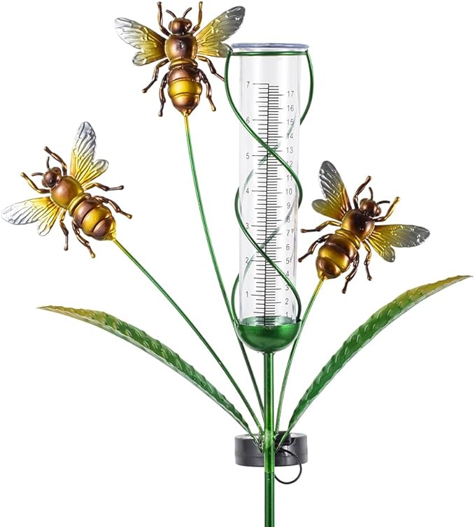 Solar Rain Gauge with 7-Inch Plastic Tube, Bee Rain Gauge Outdoor-Decorative Rain Water Gauges Garden Stake for Yard, Lawn, Patio