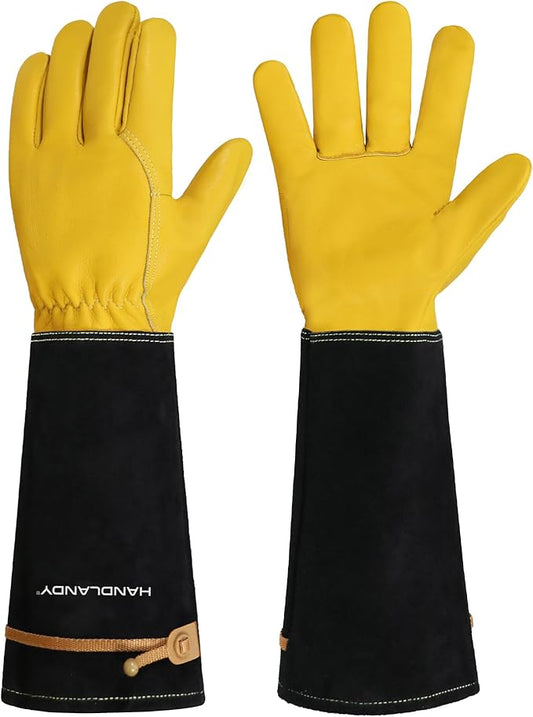HANDLANDY Long Gardening Gloves for Men & Women, Cowhide Leather Rose Pruning Gloves, Breathable Thorn Proof Gauntlet Glove (Mustard Yellow, M)