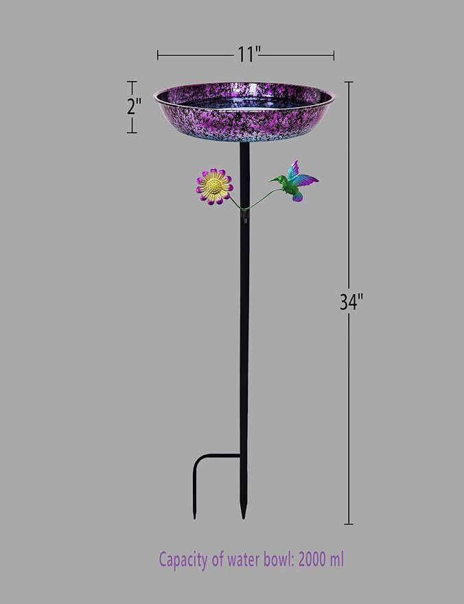Bird Bath for Outside, 11 Inch Colorful Purple&Blue Metal Birdbath Bowl Decorated Hummingbird Flower Freestanding Garden Bird Bath Feeder Outdoor Decor Yard Art