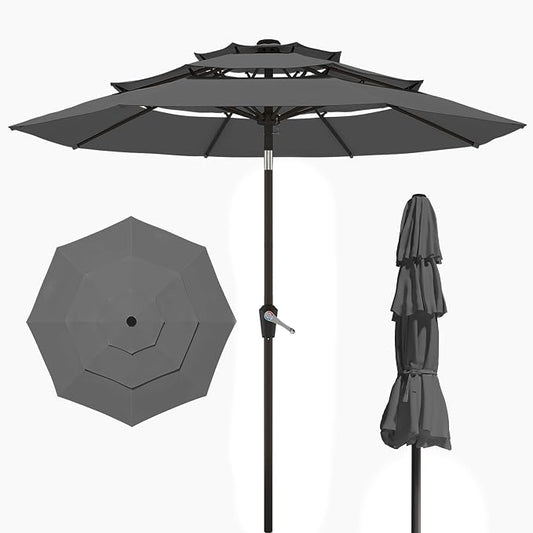 10FT Patio Umbrella 3 Tiers Outdoor Market Umbrella w/Push Button Tilt, Crank, UV and Waterproof Table Umbrella for Garden, Pool, Backyard, Deck, Lawn, Grey