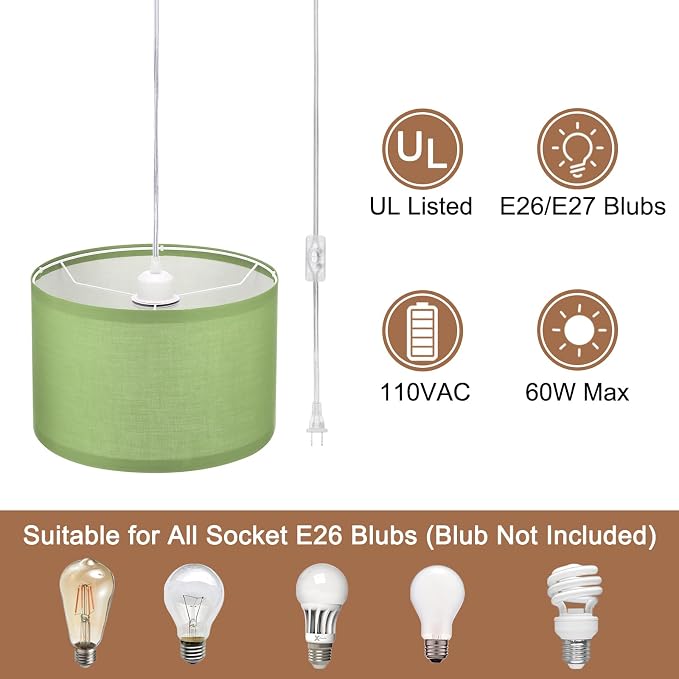 PATIKIL Plug in Pendant Light, 15Ft Rope Cord Hanging Lamp Fixture with ON/Off Switch, Linen Fabric Shade E26/E27 Bulb Socket for Bedroom Kitchen Living Room, Light Green