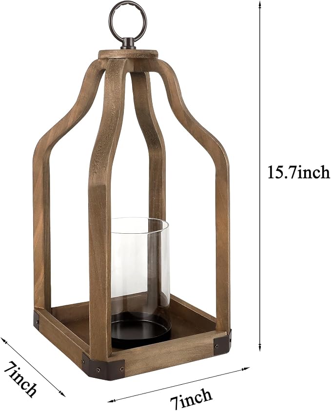 Rustic Wood Lantern Candle Holder for Farmhouse Decor - Indoor and Outdoor Table Centerpiece with Glass Hurricane, 15.7" High