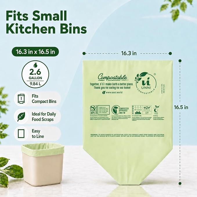 UNNI Compostable Trash Bags, 2.6 Gallon / 9.84 Liter, 100 Count, Extra Thick 0.71 Mil Small Kitchen Food Scrap Bin Liners, Certified by BPI, CMA & OK compost HOME, Meets the ASTM D6400 Standard