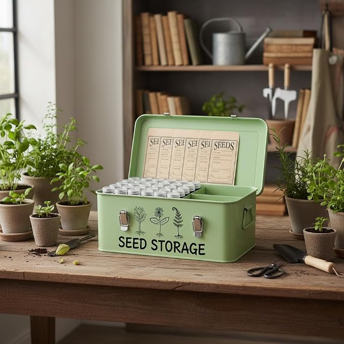 Metal Seed Storage Box Organizer with 3 Compartments, Safety Lock Lid Bin Seed Bottles Envelopes, Plant Labels, Foldable Funnel Gloves,Portable All-in-One Seed Saving Tin for Gardeners Beginners