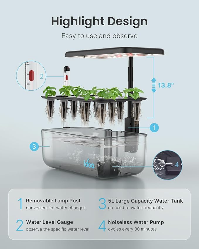 iDOO 12 Pods Indoor LED Hydroponic System Kit, Transparent, 5L, Self Watering, Gifts for Mom, House Warming, Indoor Herb Garden, Hydroponic Growing System