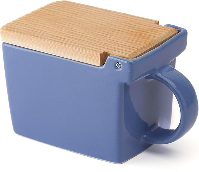 Zero Japan Bee House Premium Salt Box with Hinoki Lid - Container for Sea Salt and Spices - Elegant Cellar for Kitchen Countertop - Blueberry Blue, 16 oz