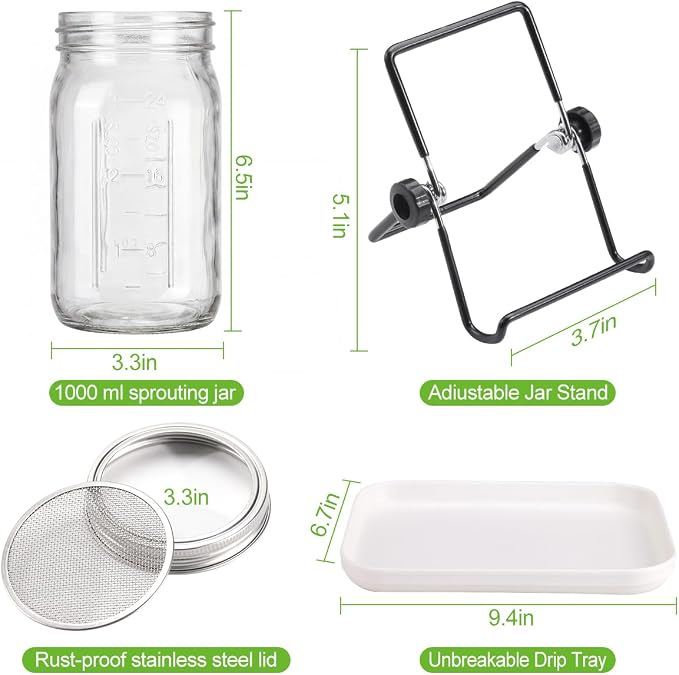 Seed Sprouting Jar Kit, 34oz Mason Wide Mouth Jars 2pc with 316 Stainless Steel Sprouting Lids, Drain Tray, Blackout Sleeves for Broccoli, Mung Beans, Pea, Cat Grass & Buckwheat