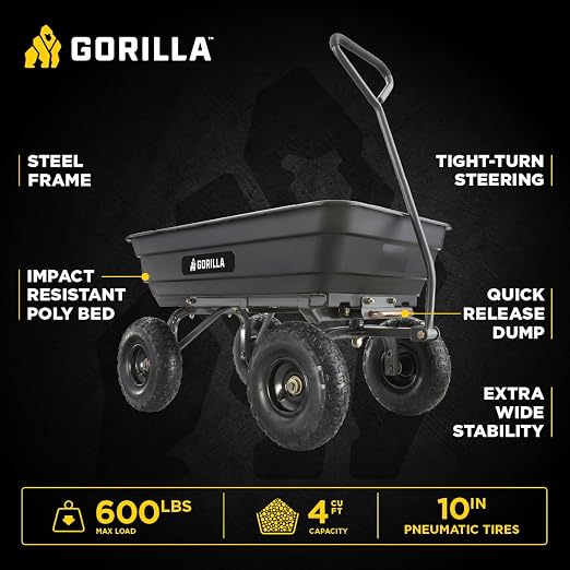 Gorilla Carts Poly Garden Dump Cart, 4 Cu Ft Tub, 600 lb Haul Capacity, Black – Heavy-Duty Utility Wagon with Quick-Release Dumping & Pneumatic Tires for Yard, Landscaping and Gardening