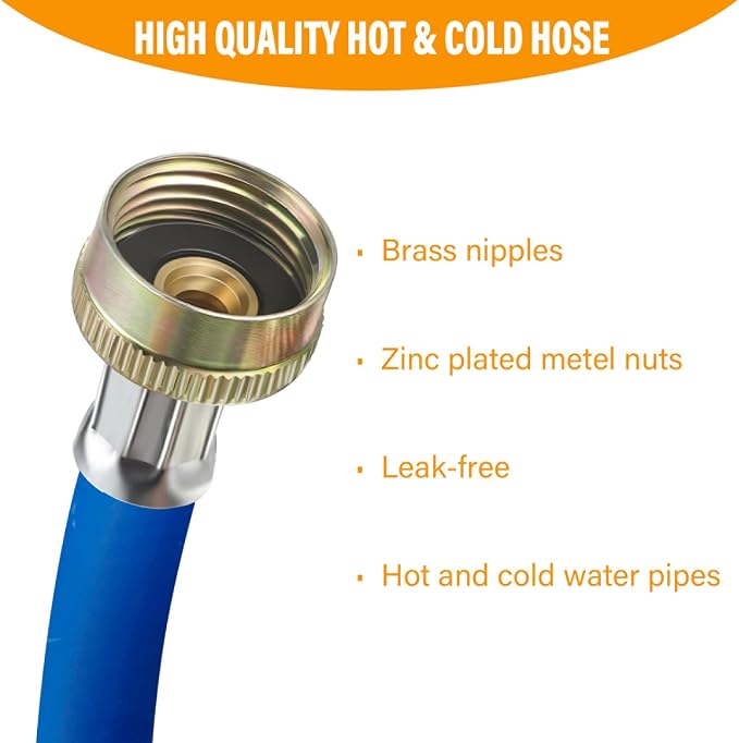 2 PACK, Rubber Hot Cold Washer Hose Y Mixer Plumbing Connector Burst Proof Water Supply Hoses For All Washing Machine and Dryer, 3/4" Fittings, 1 FT Length
