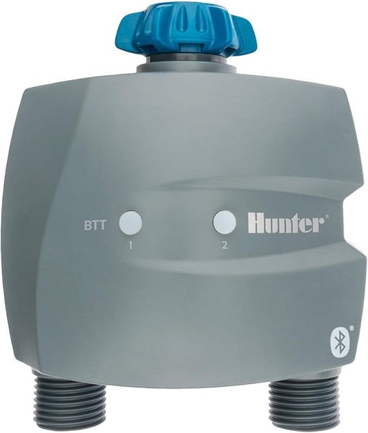 Hunter BTT Bluetooth Hose Timer, 2-Zone Smart Irrigation Controller, App Controlled Watering for Lawn, Garden, and Drip Systems, Battery Operated, No WiFi Required