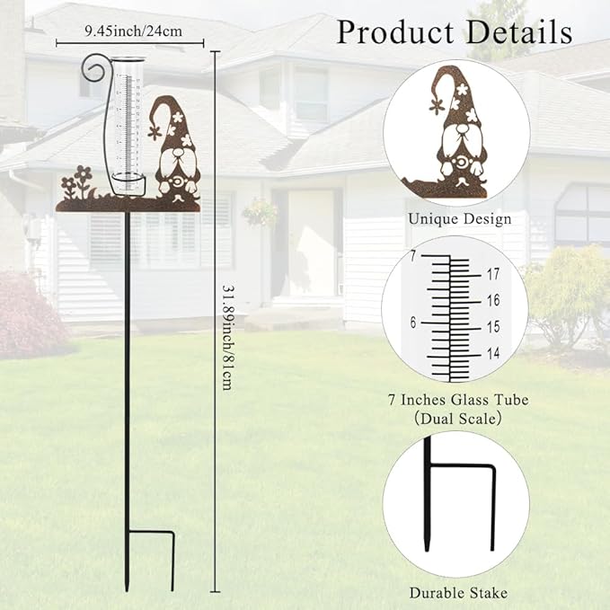 Rain Gauge Outdoor, Gnome Rain Gauges for Yard, Freeze Proof Rain Gauge with 7" Glass Tube, Metal Decorative Garden Stake for Measuring Precipitation