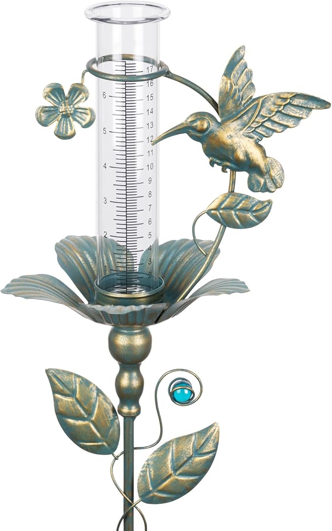 Rain Gauge Outdoor - 7" Glass Rain Gauges Tube - Hummingbird Rain Gauge Outdoor Decorative for Yard Garden, Freeze Proof Height Adjustable, Metal Water Gauge for Rain