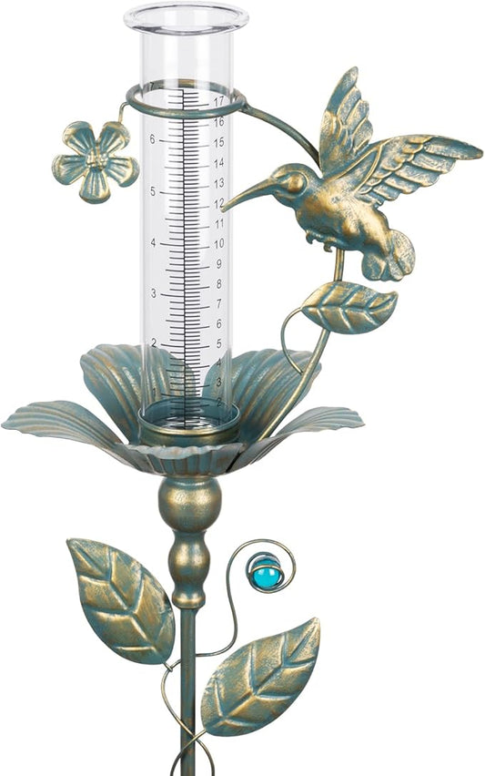 Rain Gauge Outdoor - 7" Glass Rain Gauges Tube - Hummingbird Rain Gauge Outdoor Decorative for Yard Garden, Freeze Proof Height Adjustable, Metal Water Gauge for Rain
