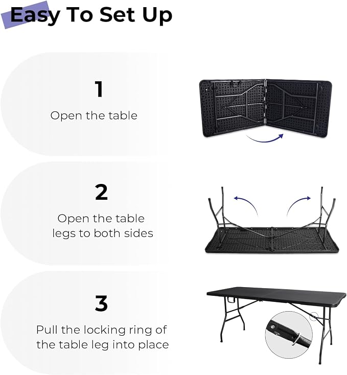 Byliable Folding Table 6ft Portable Heavy Duty Plastic Fold-in-Half 6 Foot Foldable Table Utility Dining Indoor Outdoor with Carrying Handle for Camping Picnic and Party, Black