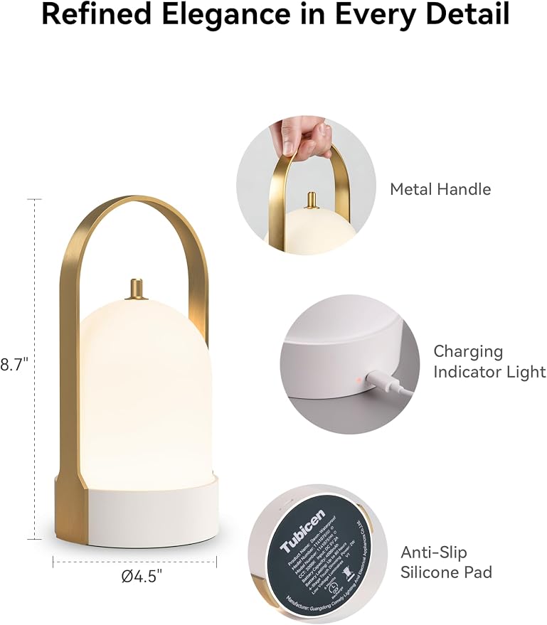 Tubicen Rechargeable Table Lamp Portable Outdoor Waterproof Camping Lantern 4-Level Dimmable 4000mAh Battery Cordless Table Lamp for Bedroom Bathroom Patio Balcony Garden Gold