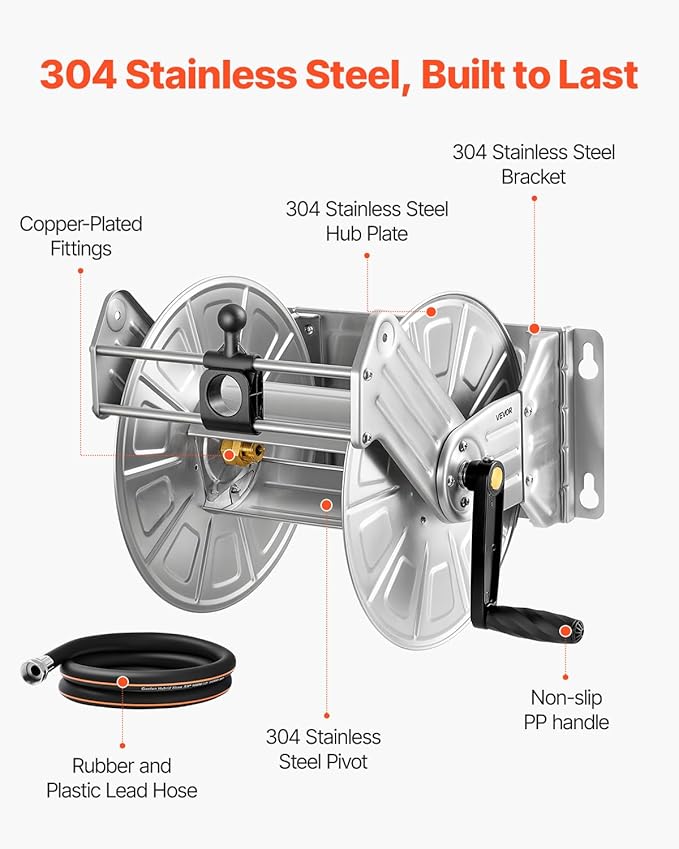VEVOR Wall Mounted Garden Hose Reel, Holds 150 ft 5/8-inch Water Hose Winder, Heavy-Duty Stainless Steel, Outdoor Manual Reel with Brass Fitting & Hose Guide, Space Saving, for Yard Lawn Garage