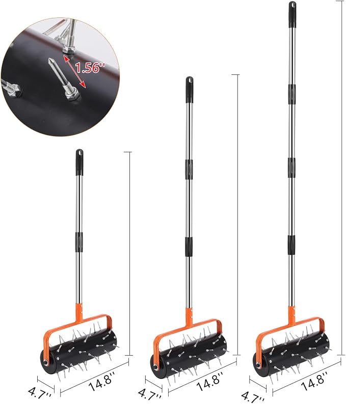 Rolling Lawn Aerator, 71 Inch Manual Aerator Lawn Tool Roller with 42 Spikes, Heavy Duty Soil Penetrator for Garden Yard