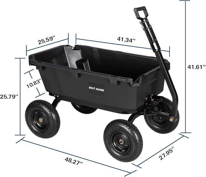 BILT HARD 1200 lbs Poly Garden Dump Cart, 7 Cu Ft Capacity Heavy Duty Garden Carts, Quick Release, 2-in-1 Convertible Handle for Yard, Outdoor