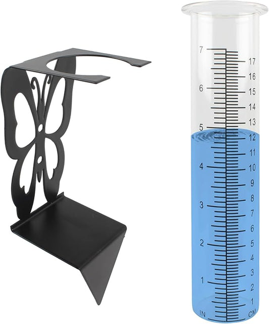 TBWHL 7" Capacity Rain Gauge Replacement Tube Glass with Stainless Steel Butterfly Shape Rack Holder, Decorative rain Measure Gauge for Yard Garden Fence Lawn Farm
