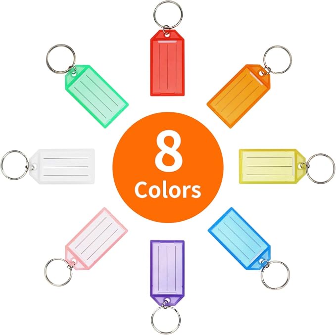Cuttte 16 Pack Plastic Key Tags, Key Labels with Ring and Label Window, 8 Colors
