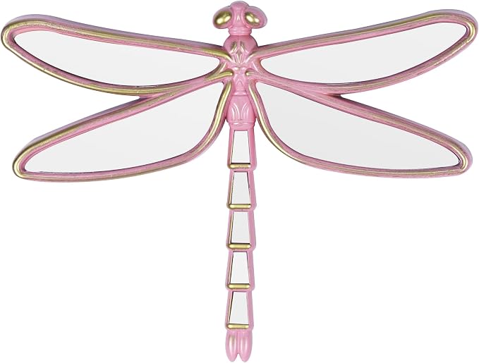 Decorative Dragonfly Wall Mirror, Plastic Frame with Mirrored Wings (12.4 x 9.3 inches) (Pink)