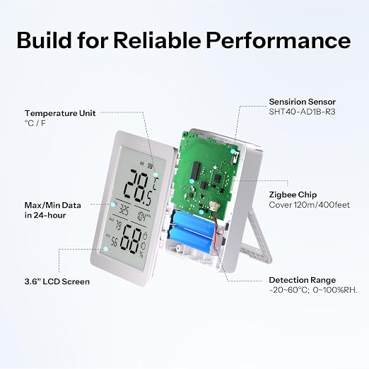 SONOFF AirGuard TH, SNZB-02DR2 Indoor Zigbee Temperature and Humidity Sensor, 3.6'' LCD Display, Thermometer Hygrometer with App Alert, Remote Monitor for Greenhouse Wine Cellar 2-Pack