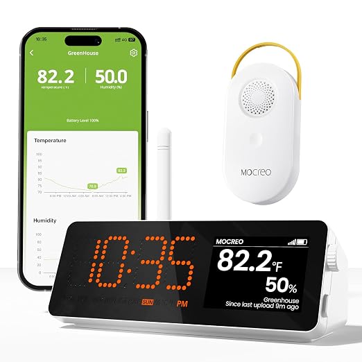 MOCREO WiFi Indoor Wireless Thermometer Hygrometer, 2000ft Long Range Temperature Humidity Sensor Monitor with Large LCD Display & Remot App Alert, 2-Year Free Data Export, for Patio, Garage, Basement